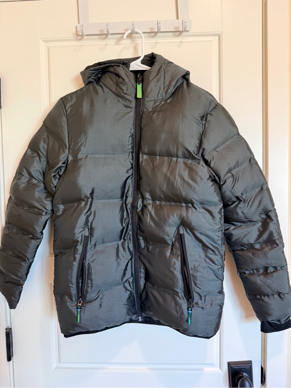Champion Boys Olive Green Puffer Hooded Jacket Black with Green Zipper Accents